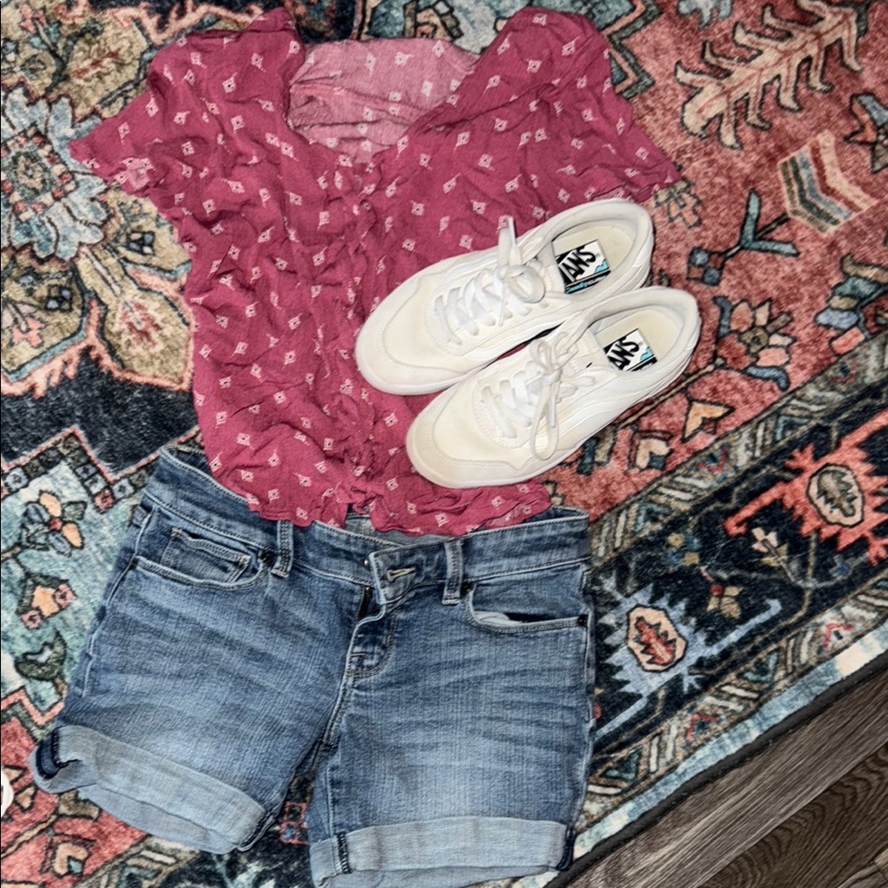 Pink Blouse with Denim Shorts